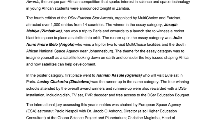 Students from Zimbabwe and Uganda shine in pan-African competition organised by MultiChoice Africa and Eutelsat