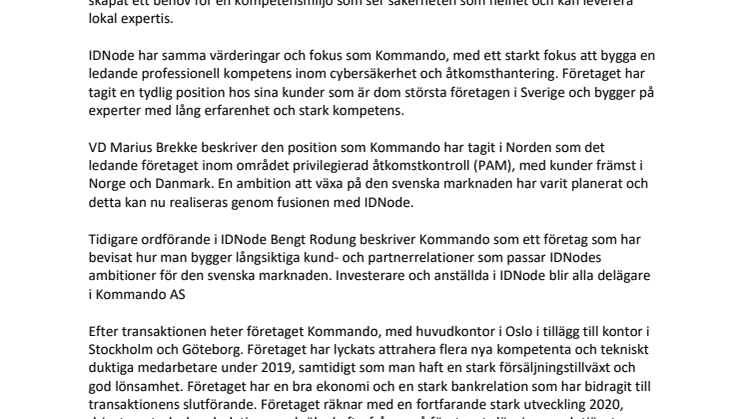 KOMMANDO OCH IDNODE GÅR SAMMAN OCH BLIR EN LEDANDE CYBER-SÄKERHETSAKTÖR