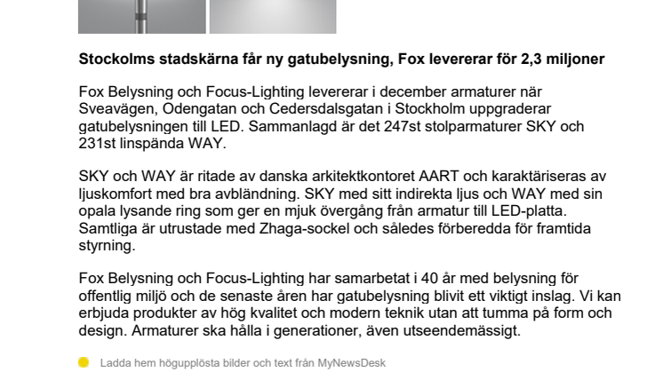 Fox levererar gatubelysning till Stockholms stadskärna