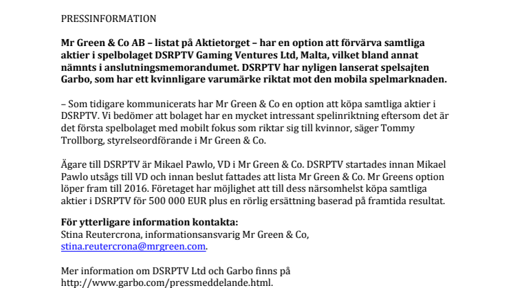 Mr Green & Co AB 