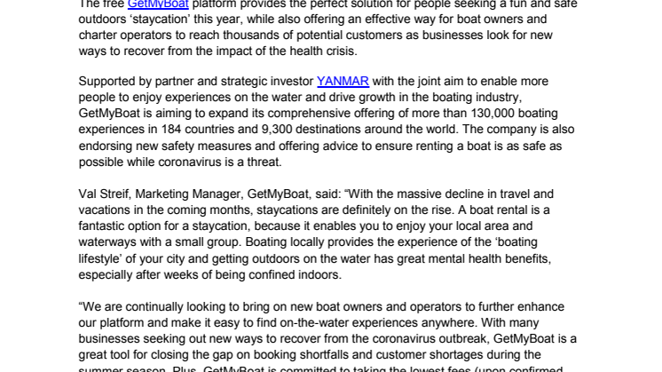 YANMAR and GetMyBoat Partner to Boost Boat Rental Market for Summer Staycations
