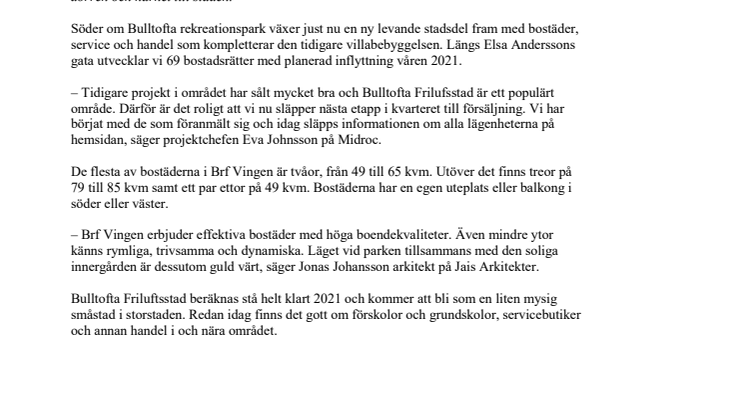 Midroc startar försäljningen av ytterligare 69 bostäder i Bulltofta, Friluftsstad 