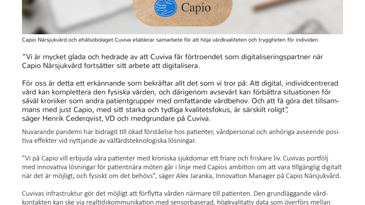 Capio Närsjukvård stärker ytterligare sin position som Sveriges ledande digifysiska vårdgivare tillsammans med Cuviva.