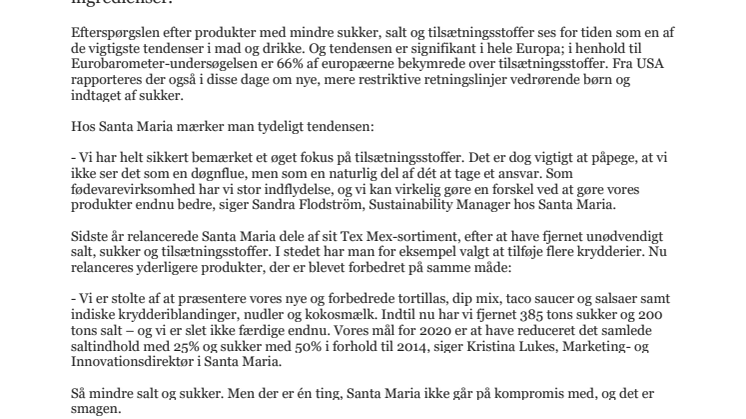Santa Maria fjerner sukker, salt og tilsætningsstoffer