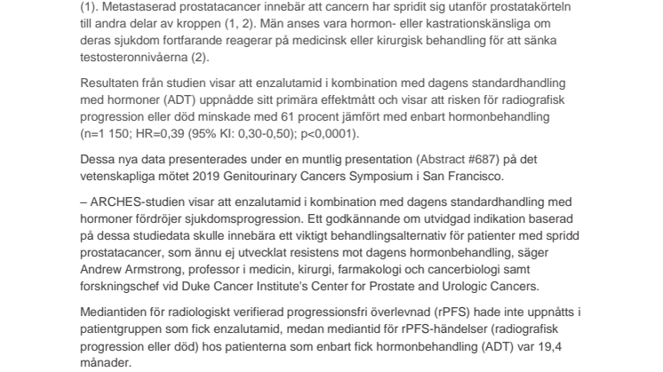 Xtandi (enzalutamid) förbättrar signifikant radiografisk progressionsfri överlevnad hos patienter med metastaserad hormonkänslig prostatacancer enligt fas III-studien ARCHES