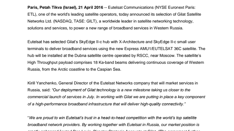 Eutelsat Selects Gilat Technology to Power Satellite Broadband Services in Western Russia