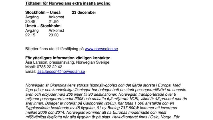 Norwegian sätter in en extra avgång till Umeå inför jul 