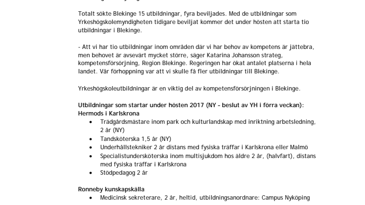 Fyra nya YH-utbildningar till Blekinge