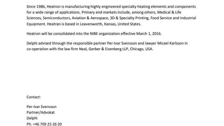Delphi advised Nibe Industrier AB (publ) in the acquisition of Heatron Inc