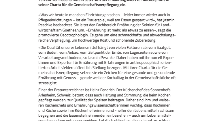 «Eine Mahlzeit ist ein Gemeinschaftsprozess». Charta für die Gemeinschaftsverpflegung 
