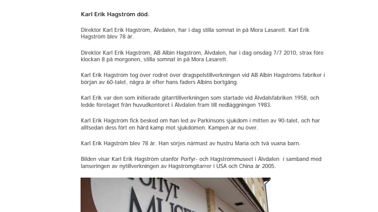 Direktör Karl Erik Hagström har avlidit
