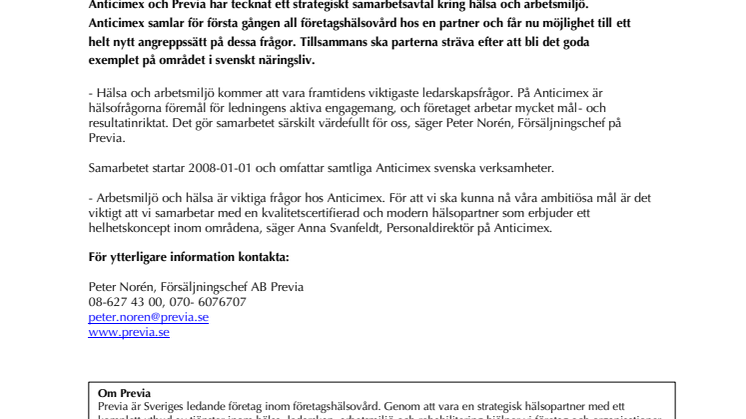 Anticimex och Previa tecknar samarbetsavtal gällande hälsa och arbetsmiljö 