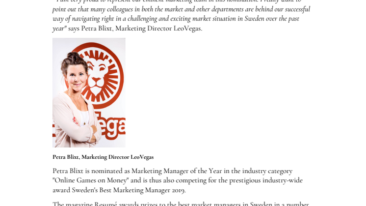 LeoVegas Marketing Director nominated for Sweden´s best Marketing Manager