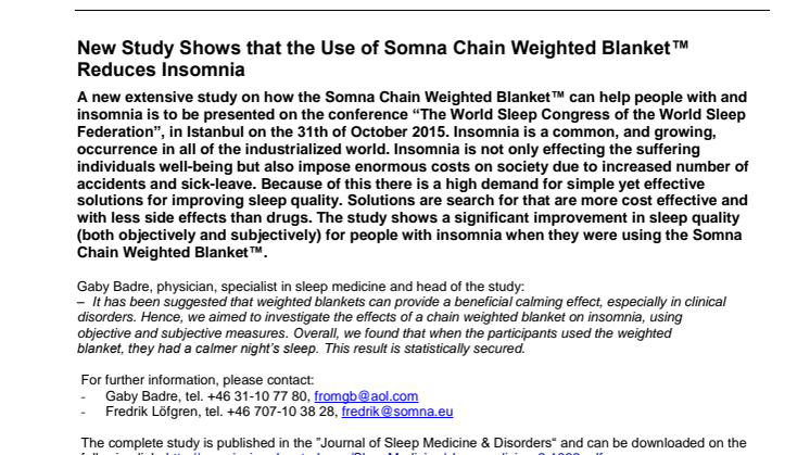 New Study Shows that the Use of Somna Chain Weighted Blanket™ Reduces Insomnia 