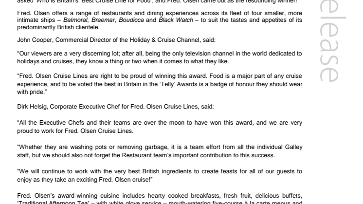 Fred. Olsen is crowned ‘Britain’s Best Cruise Line for Food’ in the Holiday & Cruise Channel’s prestigious ‘Telly’ Awards