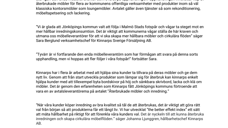 Kinnarps vinner nytt avtal kring cirkulära möbelflöden.