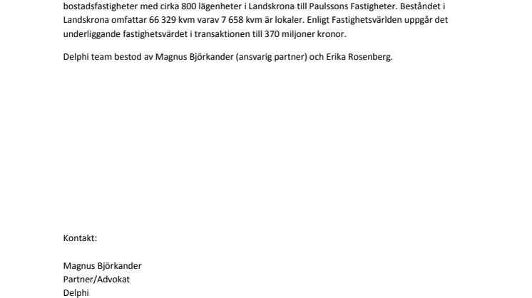 Delphi biträdde Markarydsbostäder Holding AB vid försäljning av 800 lägenheter till Paulssons Fastigheter
