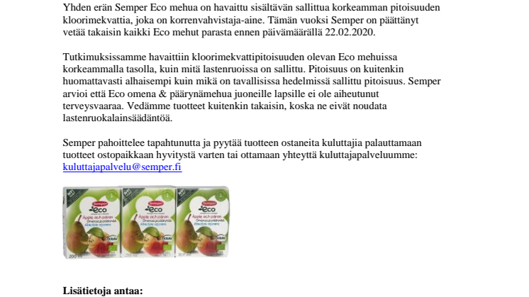 Semper vetää takaisin erän Eco Omena & päärynämehua 