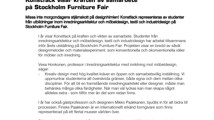 Konstfack visar kraften av samarbete på Stockholm Furniture Fair