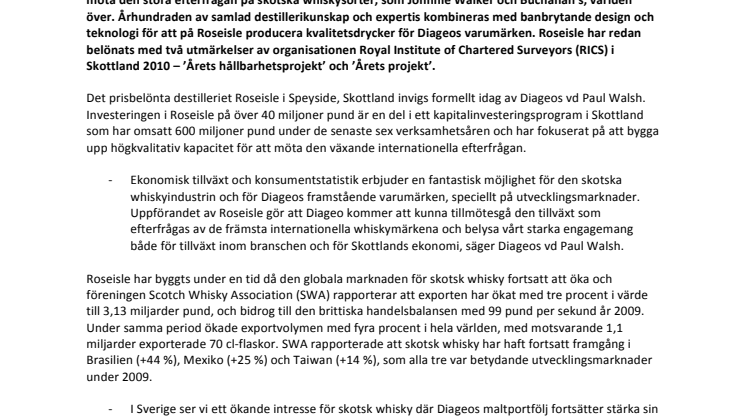 Diageo inviger sitt första större whiskydestilleri på mer än 30 år – Roseisle, Skottland