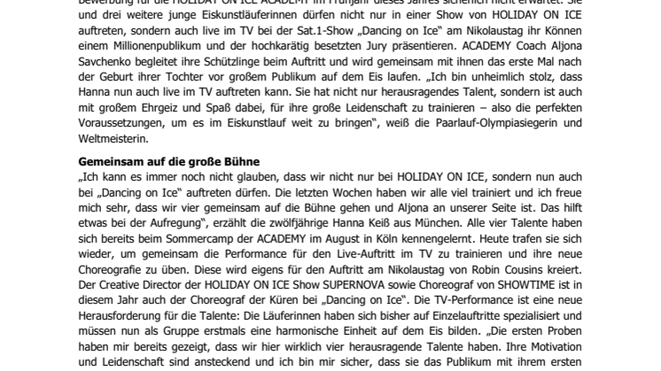 HOLIDAY ON ICE ACADEMY: Nachwuchstalent aus München tritt gemeinsam mit Olympiasiegerin Aljona Savchenko bei TV-Show „Dancing on Ice“ vor Millionenpublikum auf