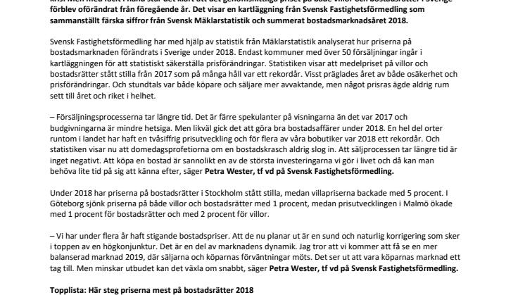 Årsresumé av bostadsmarknadsåret 2018: ”Domedagsprofetiorna om en bostadskrasch slog aldrig in”