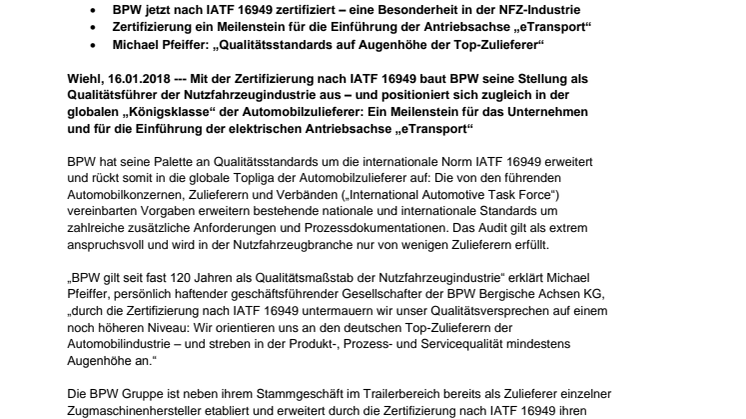 BPW steigt mit IATF-Zertifikat in die Topliga der Automobilzulieferer auf