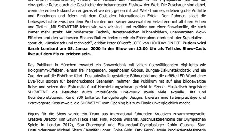 HOLIDAY ON ICE kommt mit neuer Produktion SHOWTIME nach München – Gaststarauftritt Sarah Lombardi