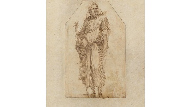 Domenico Beccafumi (vers 1486-1551) Saint Antoine - Dessin double face Plume et lavis de bistre Monogrammé en bas au milieu Au verso, Femmes agenouillées 20,5 x 13 cm