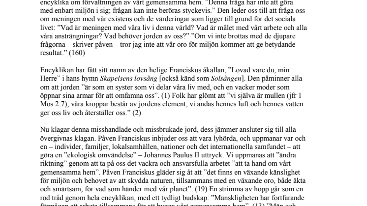 Sammanfattning på svenska av påvens miljöencyklika "Laudato Si"
