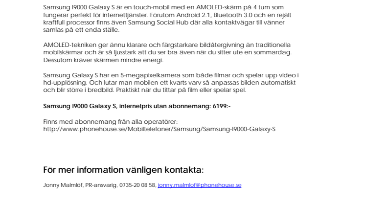 Nu finns Samsung Galaxy S hos The Phone House