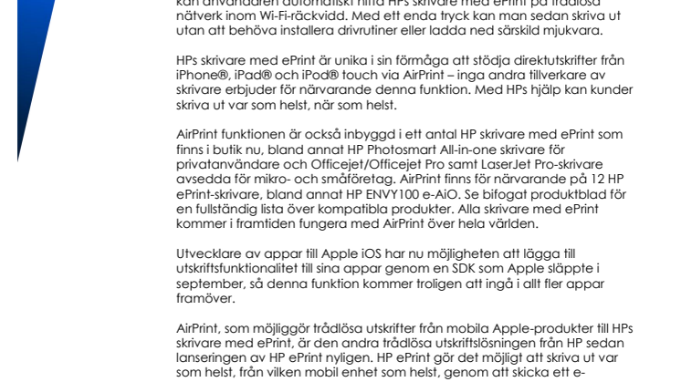 AirPrint möjliggör trådlösa utskrifter från Apple iOS-enheter till HPs ePrint-skrivare