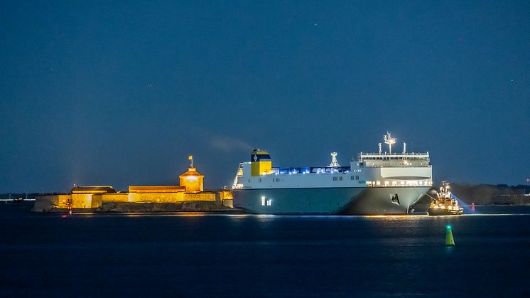 Faustine anlöpte Göteborgs hamn för första gången under natten till måndag. Under tisdagen anlöper fartyget Zeebrugge lastat med svenskt exportgods. Bild: Göteborgs Hamn AB.