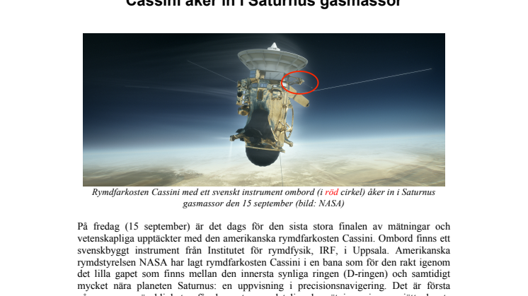 Svenskt instrument följer med när rymdsonden Cassini åker in i Saturnus gasmassor 