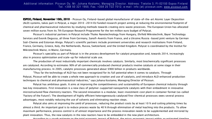 Picosun develops ALD-enhanced processes for chemical and pharmaceutical industries