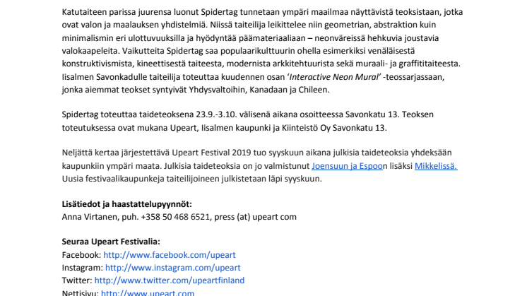 Iisalmeen syttyy ainutlaatuinen julkinen valotaideteos osana Upeart Festival 2019 -tapahtumaa