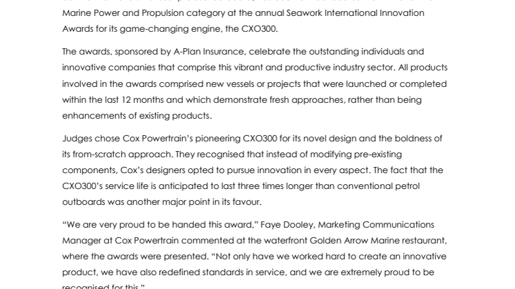 Cox Powertrain Wins Seawork Innovation Award
