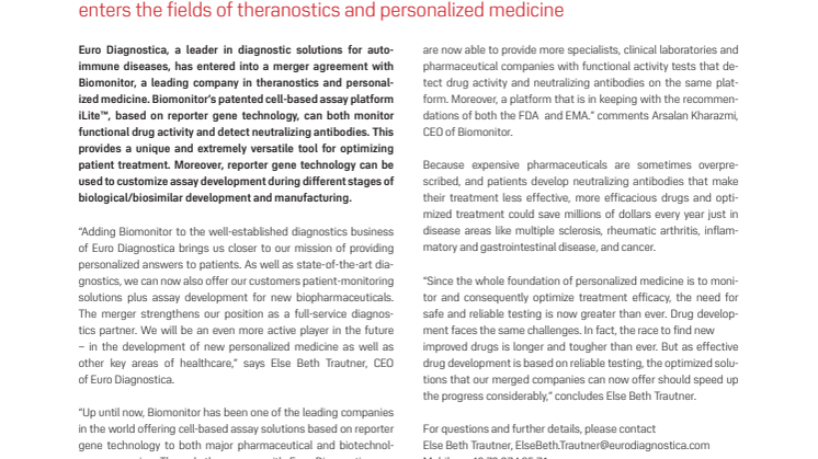 Euro Diagnostica merges with Biomonitor – enters the fields of theranostics and personalized medicine