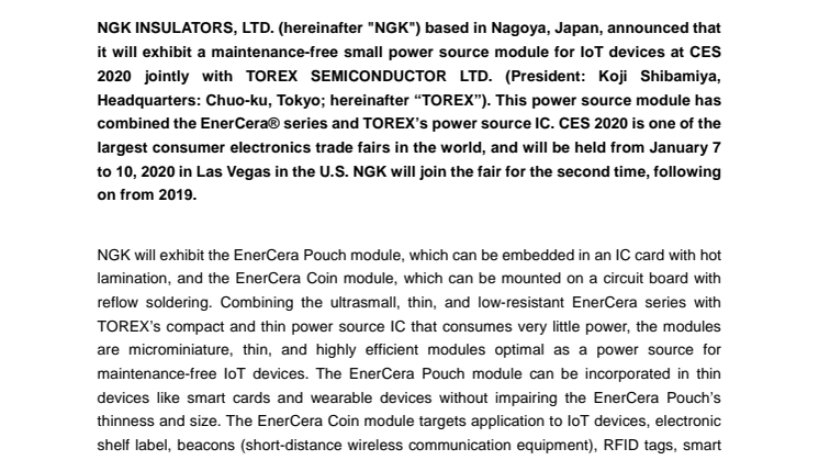 Chip-type Ceramic Secondary Battery “EnerCera” Series of New Power Sources for IoT Devices Exhibiting a Power Source Module Jointly with TOREX SEMICONDUCTOR LTD. in CES 2020