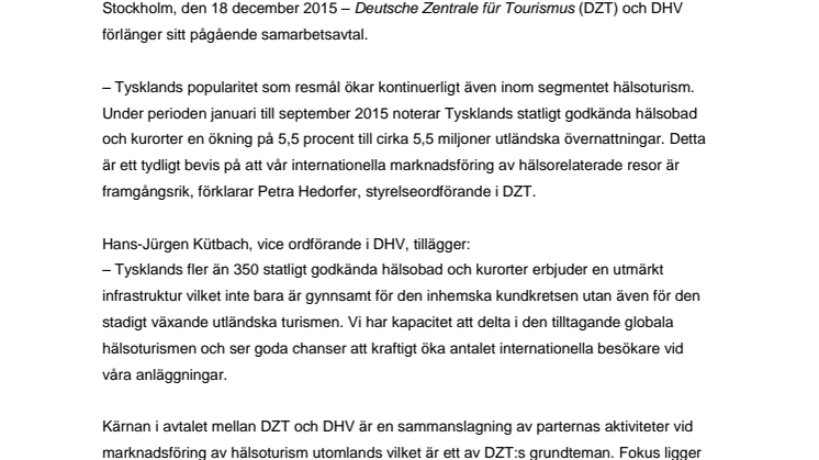DZT förlänger samarbetsavtalet med Deutscher Heilbäderverband (DHV)