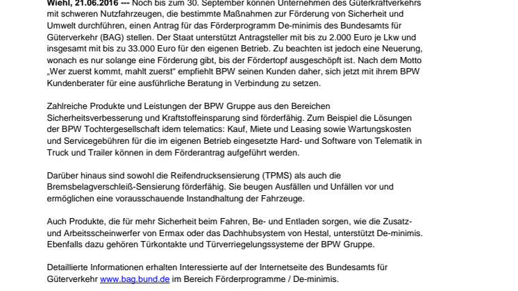 De-minimis förderfähige Produkte und Leistungen der BPW Gruppe