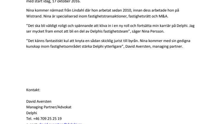 Delphi rekryterar Nina Persson som ny partner 