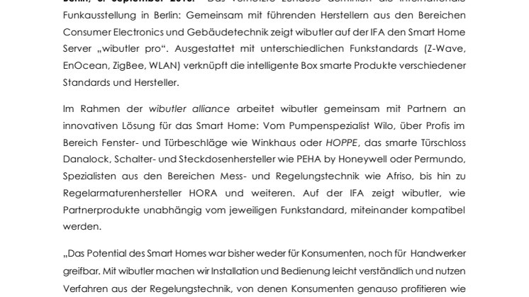 IFA 2015: WIBUTLER PRÄSENTIERT OFFENE SMART HOME PLATTFORM