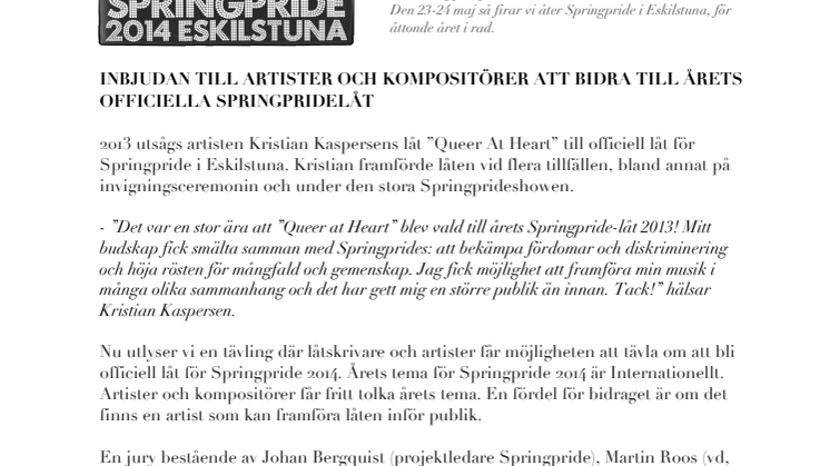 INBJUDAN TILL ARTISTER ATT BIDRA TILL ÅRETS OFFICIELLA SPRINGPRIDELÅT