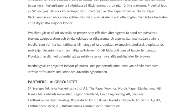 FYRA VINNOVA-MILJONER TILL ALGPROJEKT