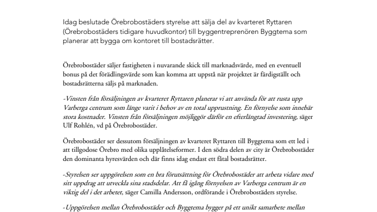 Örebrobostäder säljer del av kvarteret Ryttaren till Byggtema