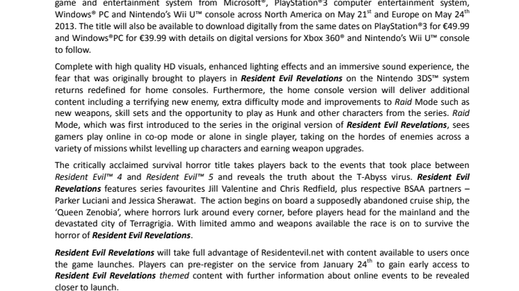 CAPCOM CONFIRMS RESIDENT EVIL™ REVELATIONS FOR HOME CONSOLE RELEASE IN MAY 2013