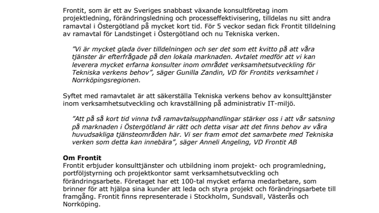 Frontit tecknar ramavtal med Tekniska Verken i Linköping