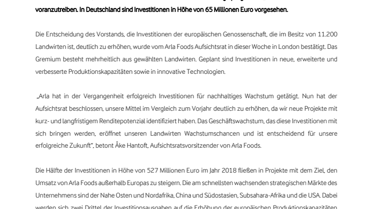 Arla Foods setzt auf weiteres Wachstum mit Investitionen von 527 Mio. Euro