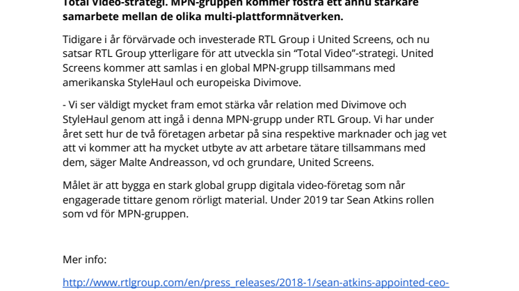 Nordens största multi-plattformnätverk United Screens ansluter till en global MPN-grupp tillsammans med StyleHaul och Divimove